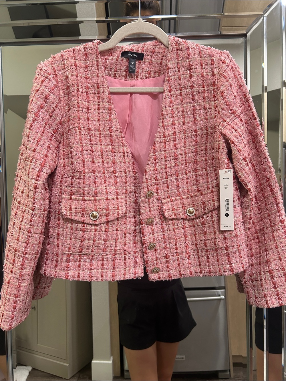 Aqua Pink Tweed V-Neck Button Jacket